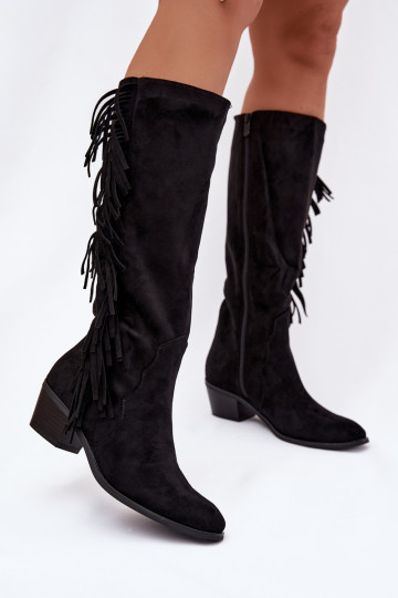Schwarze warme Cowboy-Stiefel für Damen mit Absätzen und Fransen Firlina 2