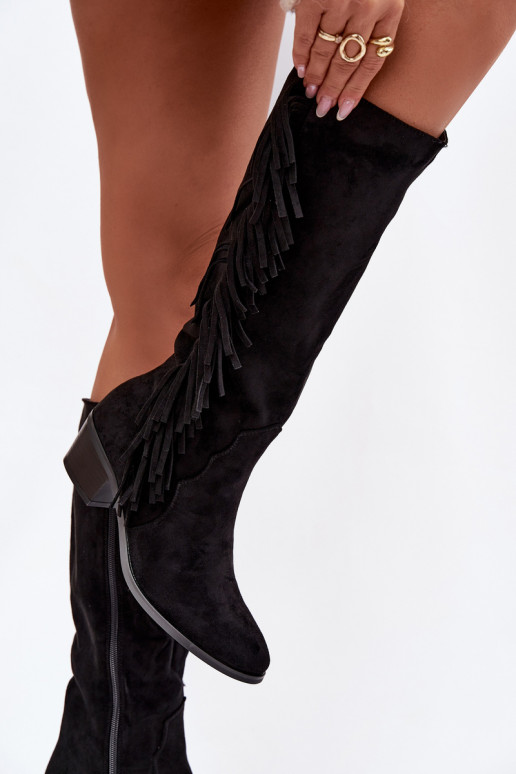 bottes style coÀ-boy Féminin avec des talons avec des franges réchauffer couleur noire Firlina