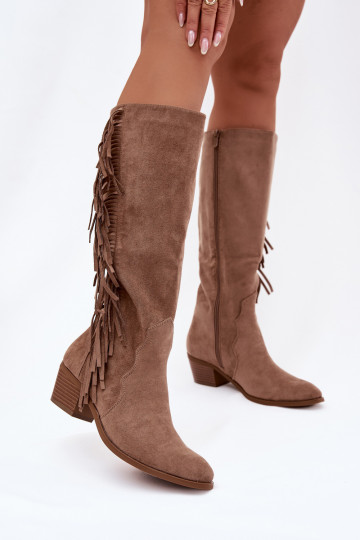 Bottes longues couleur chaki style cowboy pour femmes avec talons et franges Firlina 2