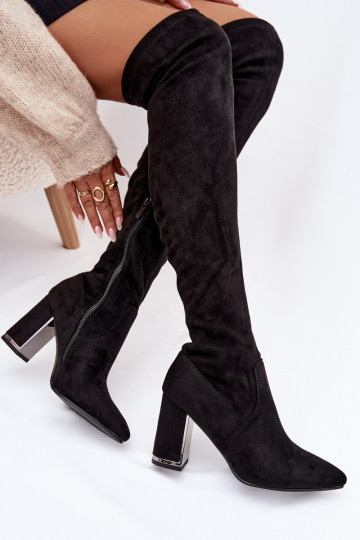 Damenstiefel aus Öko-INildlederoZue oberhalb des Knies mit Absätzen schZuarze Farbe Thamine