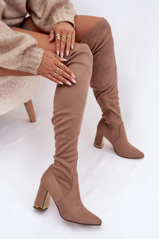 bottes pour femmes en daim écologiqueoÀe au-dessus du genou avec des talons beige Thamine