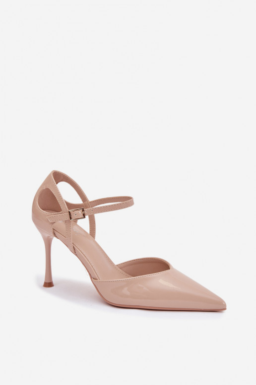 mit Lackeffekt hochhackige Schuhe mit Riemen Beige Tarilin