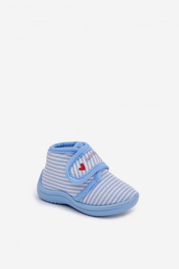 Blauwe kinder slippers met klittenbandsluiting en strepen Lavelle