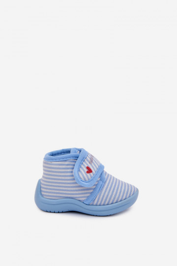Blauwe kinder slippers met klittenbandsluiting en strepen Lavelle 2