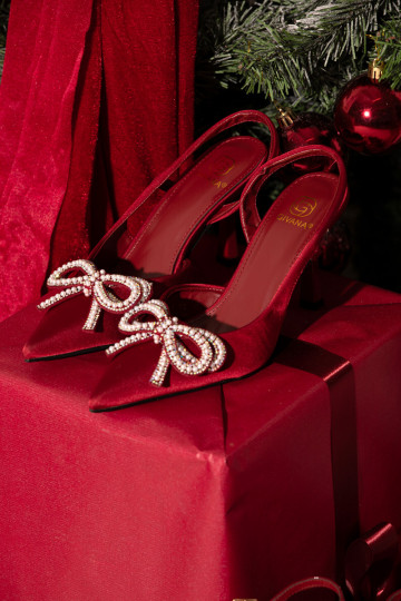 Bordeauxfarbene High Heels mit Schleifen und offenem Absatz Derissa