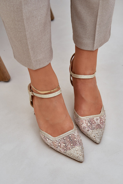 Dekorierte High Heels mit offenem Absatz in Goldfarbe Nadra