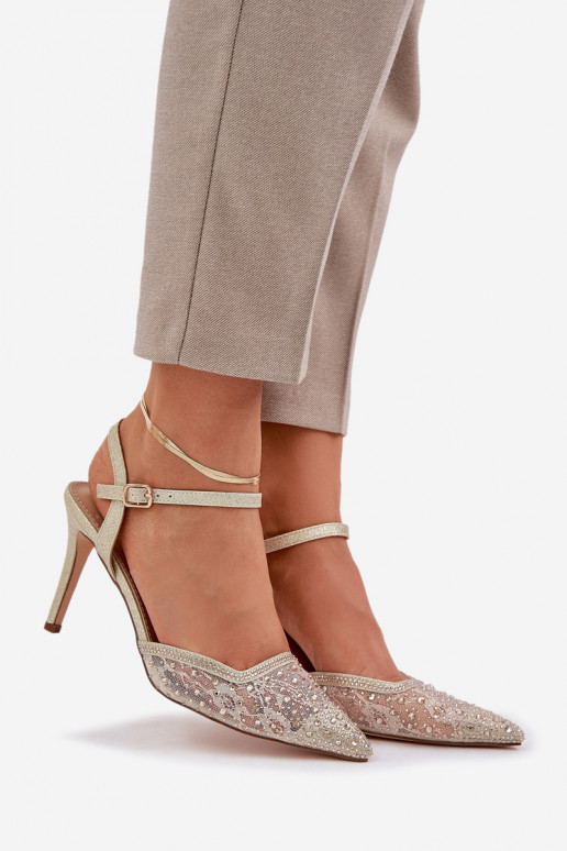 Dekorierte High Heels mit offenem Absatz in Goldfarbe Nadra