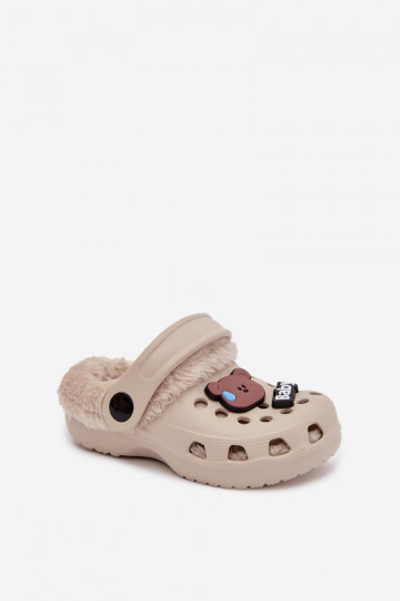 Kinderen warme slippers met bont aan de binnenkant, chaki kleur „Cerelle"