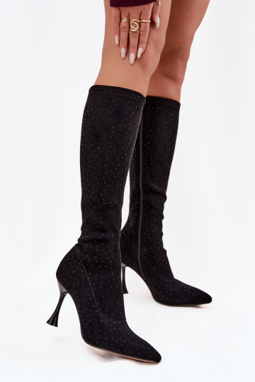 Damen Overknees mit dünnen Absätzen und Dekoration D&A JC52-883 schwarz 2