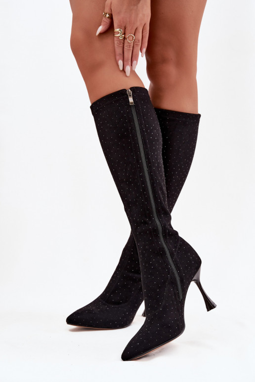 Bottes hautes pour femmes avec talons fins et décoration D&A JC52-883 noires