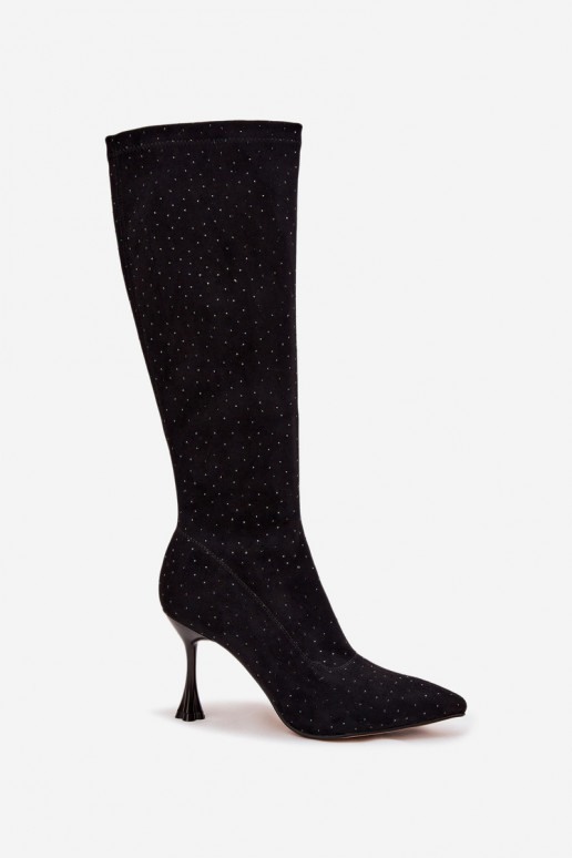 Bottes hautes pour femmes avec talons fins et décoration D&A JC52-883 noires