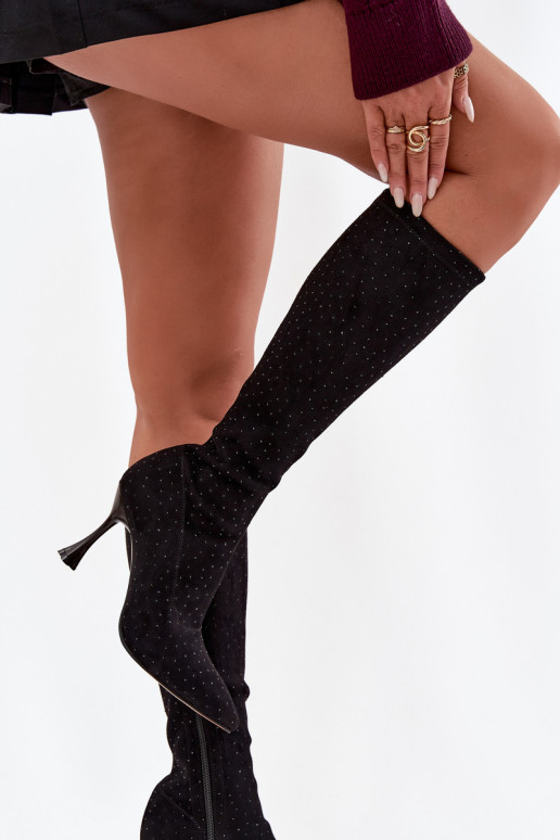 Bottes hautes pour femmes avec talons fins et décoration D&A JC52-883 noires