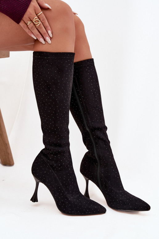 Bottes hautes pour femmes avec talons fins et décoration D&A JC52-883 noires