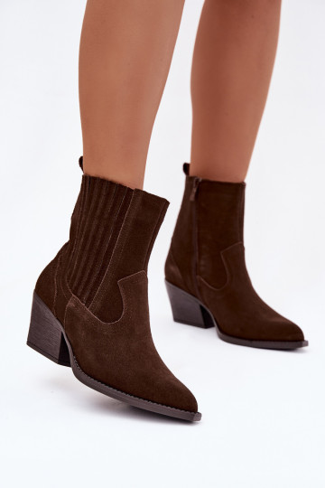 Chocoladekleurige suède cowboy-stijl dameslaarzen met hakken, warm gevoerd Dylira 2