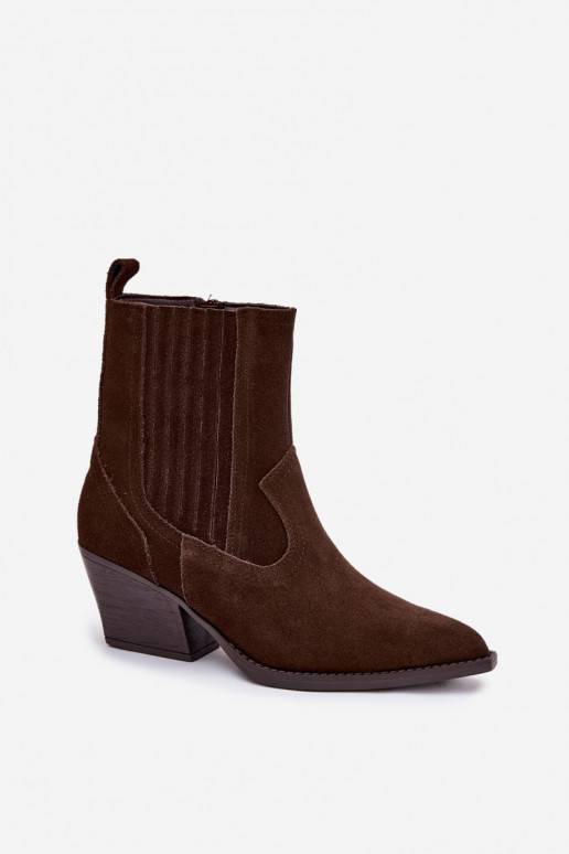 Bottes de style cowboy en daim couleur chocolat pour femmes avec talons, fourrées Dylira