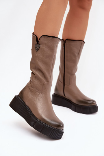 Bottes à tige haute en cuir pour femmes Zazoo 70121 avec laine couleur sable