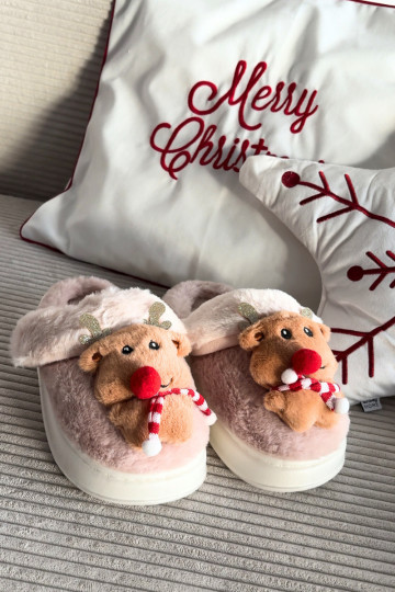Kerst dames slippers met herten en bont, zandkleur Ilianne