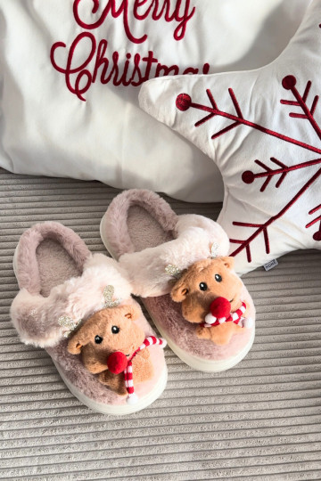 Chaussons de Noël pour femmes avec des rennes et de la fourrure, couleur sable Ilianne 2