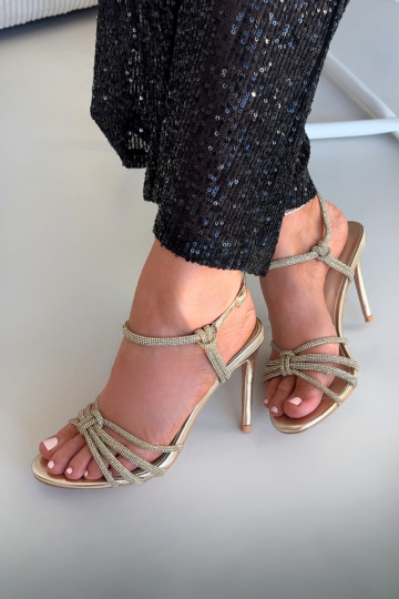 Gouden dames sandalen met dunne hakken, bandjes en zirconia Tanelle