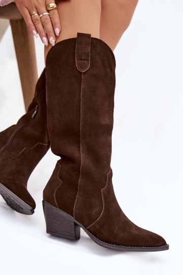 Bottes montantes en cuir suédé style cow-boy pour femmes doublées couleur chocolat Urselle 2
