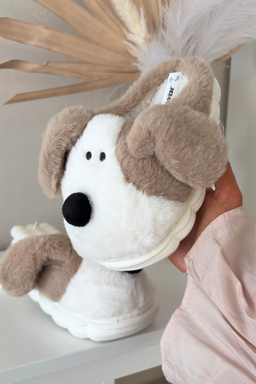 Zandkleurige kinder slippers met bont "Hondjes" Farnise
