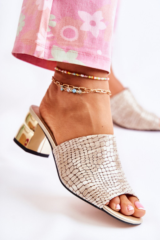 Leren pantoffels Dames Krokodil patroon met hakken beige Perry