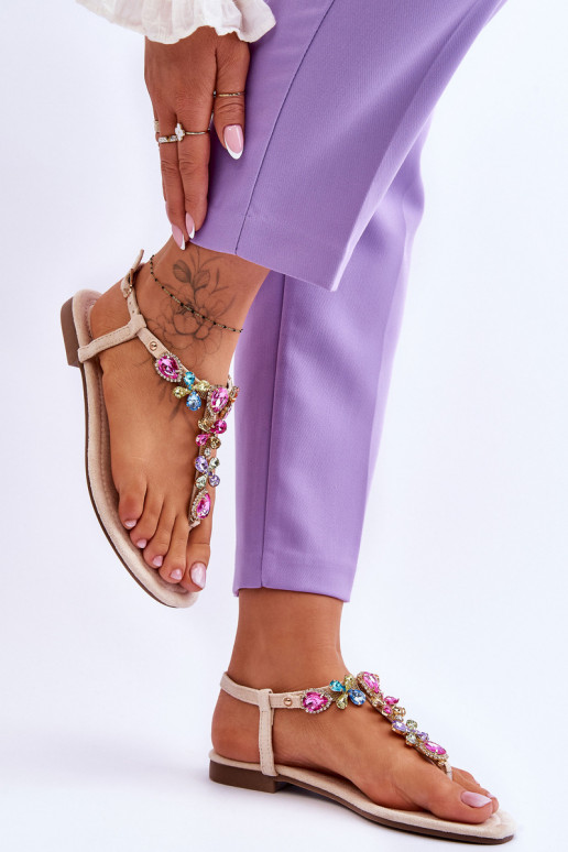 Sandales en daim Chaussons avec décoration de galets beige Frency