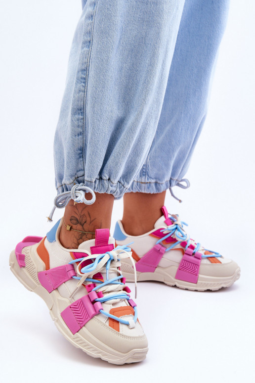 Dames Modieuze sportschoenen met veters beige-roze Chillout!