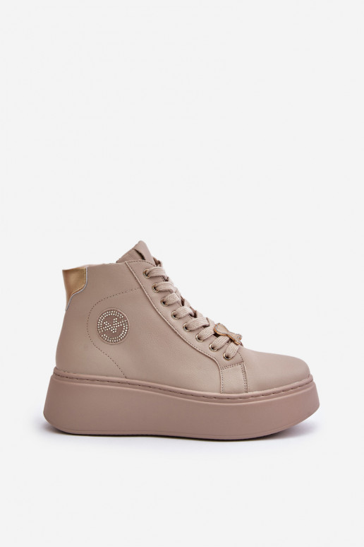 Hoog Leer Sneakers model schoenen Dames met platform Vinceza 66707 beige