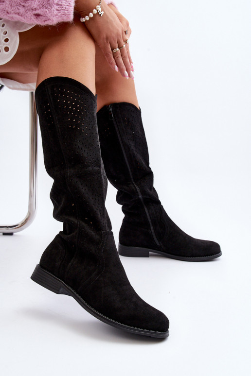 S.Barski HY66-150 avec des éléments ajourés bottes avec des talons larges couleur noire