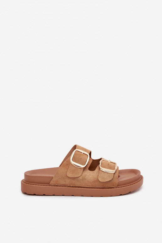 Damenhausschuhe mit einer Plattform Ze goldene Farbemi mit Schnallenmi braune Farbe Verena