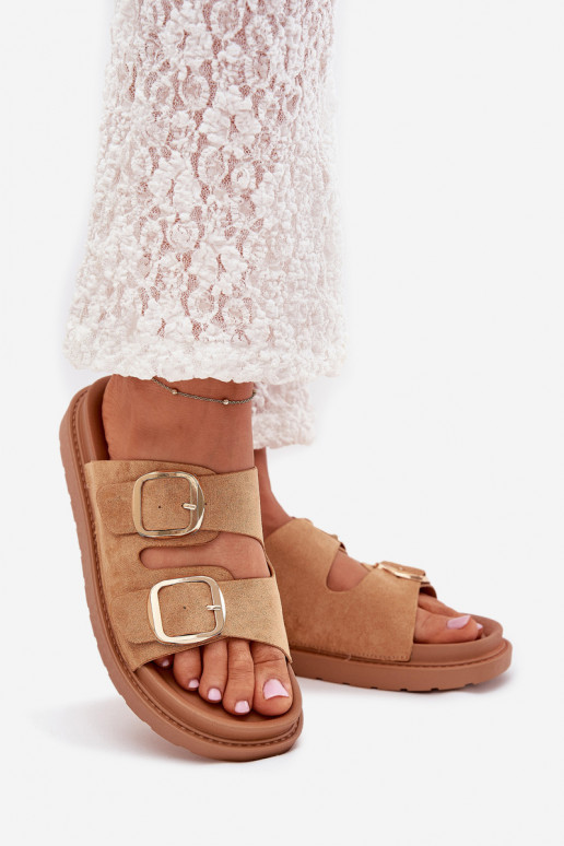 Damespantoffels met platform Ze gouden kleurmi met gespenmi bruine kleur Verena