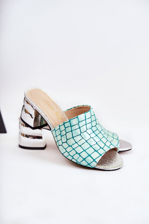 Pantoufles en cuir Féminin Motif crocodile avec des talons vert clair Perry