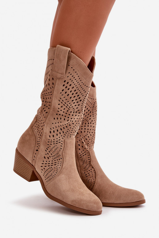 mit durchbrochenen Elementen Feminin Stiefel im CoZuboy-Stil mit Absätzen braune Farbe Iceda