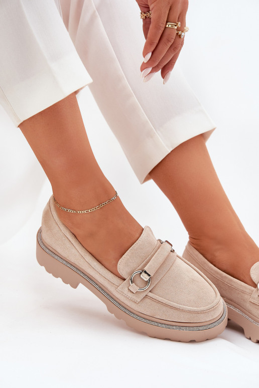 Mokassins für Damen Dekoriert Cyrkoniami Beige Patina