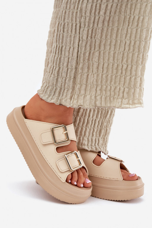 Damespantoffels met platform Ze gouden kleurmi met gespenmi beige Zorila