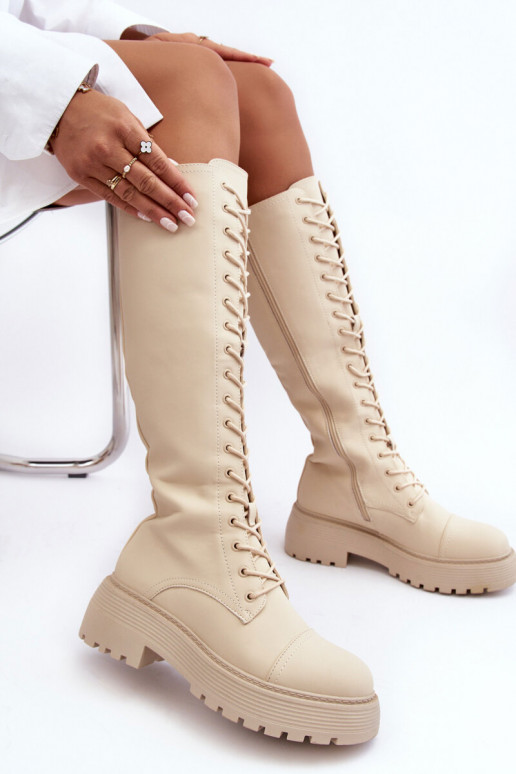 met veters opInarmen laarzen parel schoenen Vóór de knie beige Bergdis