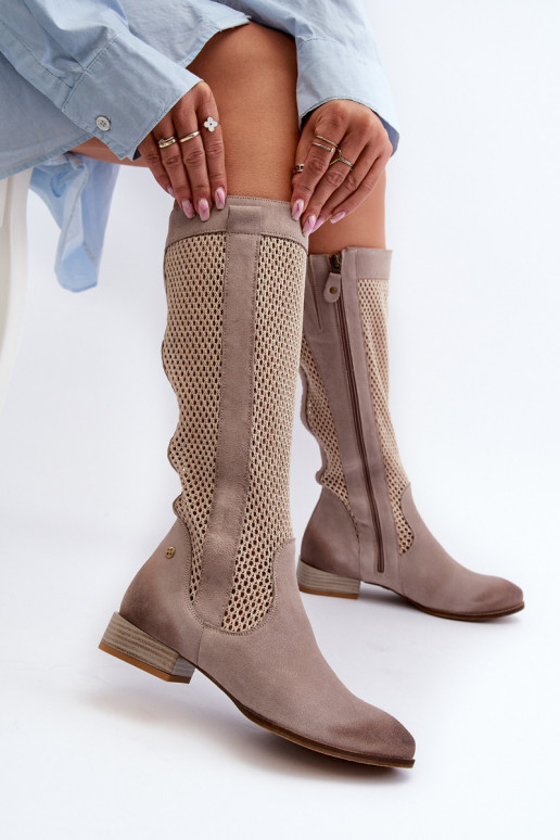 avec des éléments ajourés bottes pour femmes Sur un talon basActivéturalnego en daimu Il fautciejka 06467-04 beige