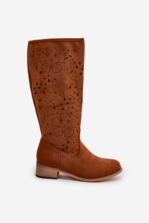 avec des éléments ajourés bottes pour femmes Sur un talon bas en daim écologiqueoÀe Fixé Au Château marron Orchides