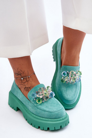 Mocassins pour femmes avec cristaux artificiels couleur verte Avril