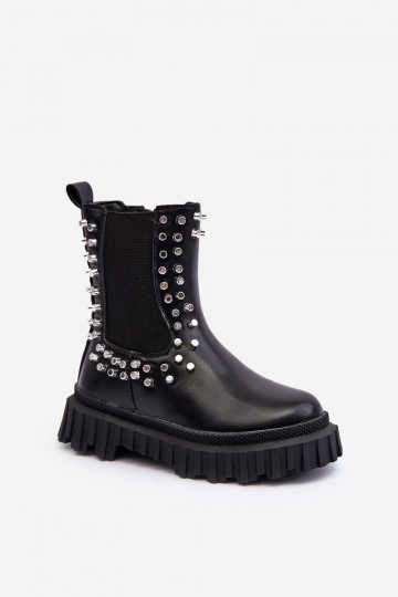 Stylische schwarze Kinderstiefel Adelie, verziert mit Bergkristallen
