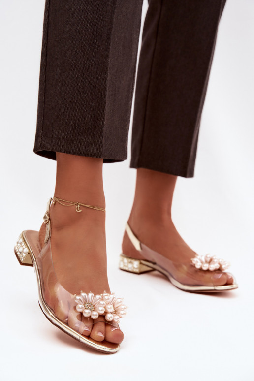 Durchschauen Sandalen Auf niedrigem Absatz Mit Dekorationeni Detalami D&A MR52-229 goldene Farbe