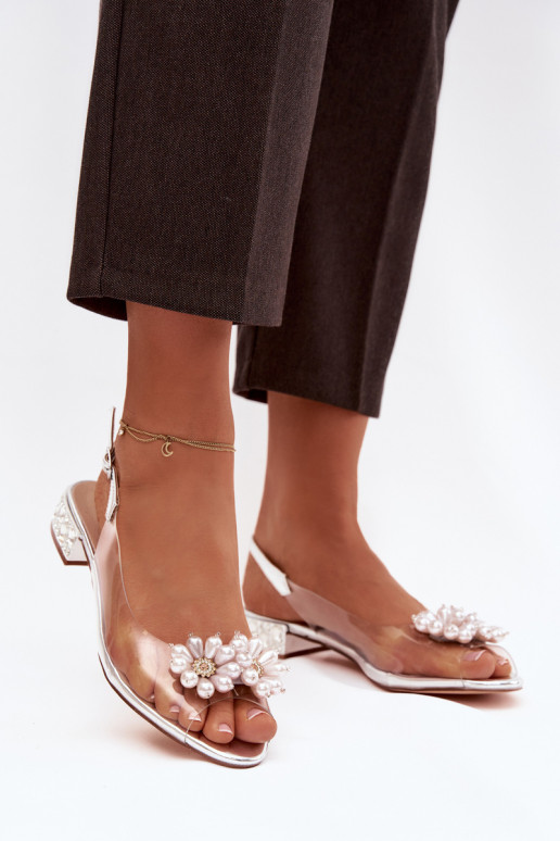 Durchschauen Sandalen Auf niedrigem Absatz Mit Dekorationeni Detalami D&A MR52-229 Silberfarbe