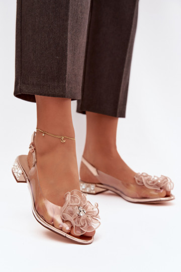 Sandales rose doré transparentes D&A MR52-230 à talon bas avec brillants et décoration