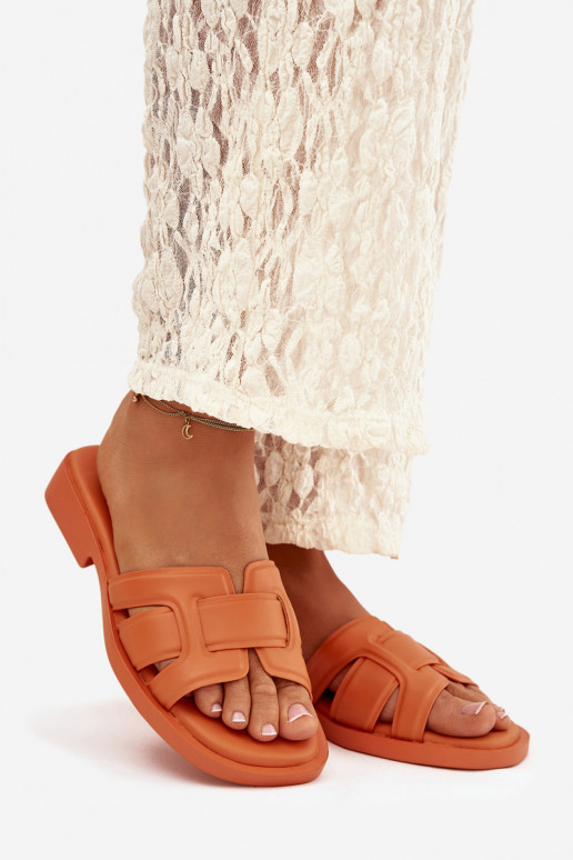 Damespantoffels met brede hakken oranje Lorania