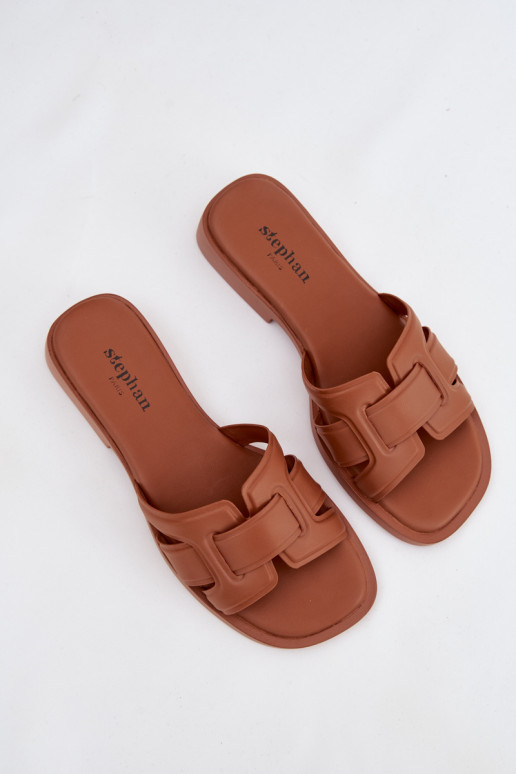 Damespantoffels met brede hakken bruine kleur Lorania