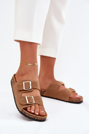 Damespantoffels Ze gouden kleurmi met gespenmi I Przeszyciami bruine kleur Lunera 2