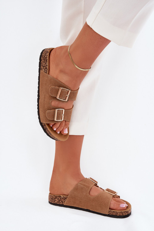 Pantoufles pour femmes Ze couleur doréemi avec bouclesmi I Przeszyciami marron Lunera