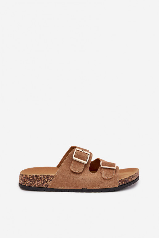 Pantoufles pour femmes Ze couleur doréemi avec bouclesmi I Przeszyciami marron Lunera