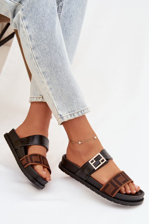 Damen Slipper mit goldenen Schnallen, schwarz